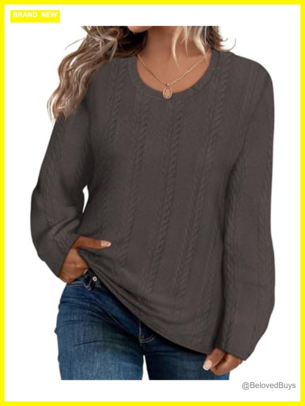 Plus Size Cable Knit Tunic Sweater Long Sleeve Crewneck Pullover